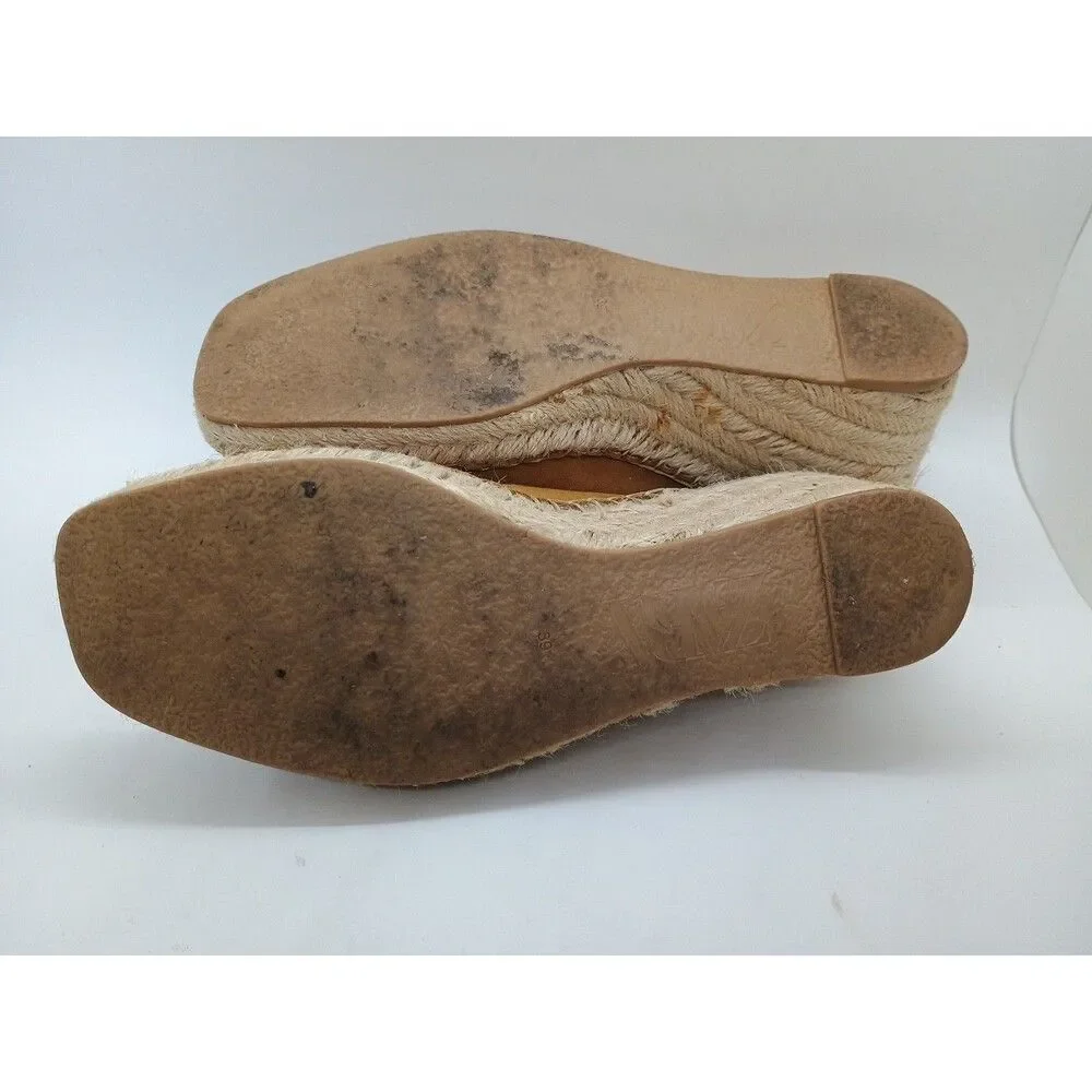 ZARA DESIGNER Sandals Womens Sz EU 38/8.5 Tan Suede Espadrilles Wedge Heels